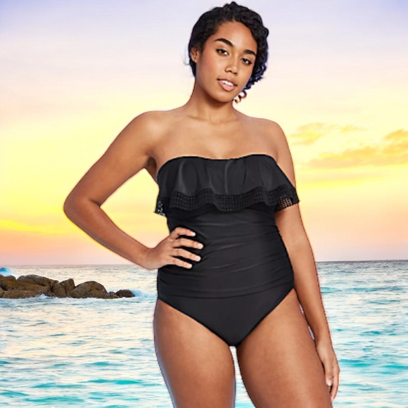 Kona Sol Jet Black Crochet Flounce Bandeau One-Piece Swimsuit - Picture 8 of 16